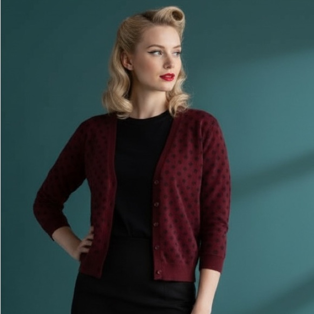 89th & Madison Polka Dot Cardigan, Burgundy/Black, Size XL, GUC - Picture 5 of 8
